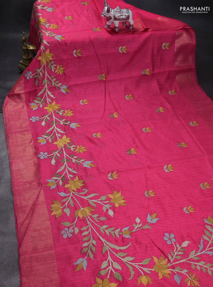 Matka tussar saree pink with floral embroidery and zari woven border