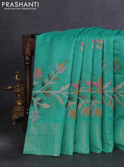 Matka tussar saree teal green with floral embroidery and zari woven border