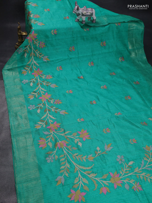 Matka tussar saree teal green with floral embroidery and zari woven border