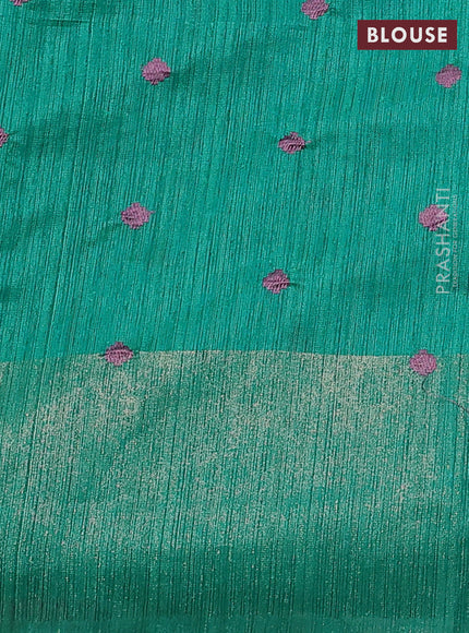 Matka tussar saree teal green with floral embroidery and zari woven border