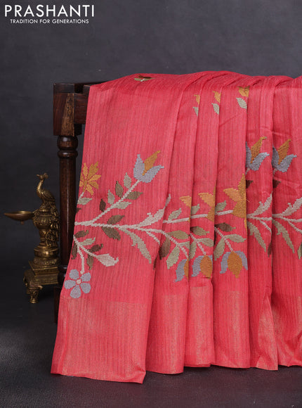 Matka tussar saree red with floral embroidery and zari woven border