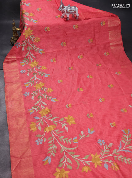 Matka tussar saree red with floral embroidery and zari woven border