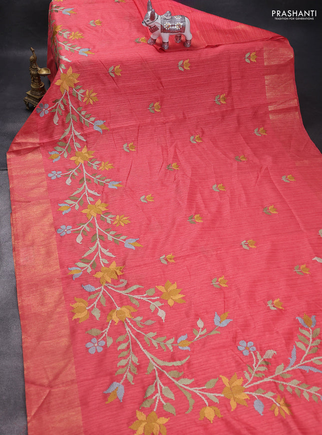 Matka tussar saree red with floral embroidery and zari woven border
