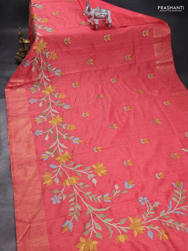 Matka tussar saree red with floral embroidery and zari woven border