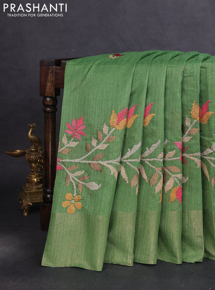 Matka tussar saree green with floral embroidery and zari woven border