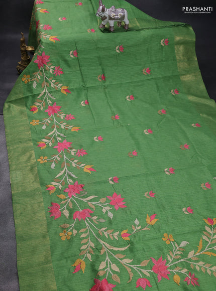 Matka tussar saree green with floral embroidery and zari woven border