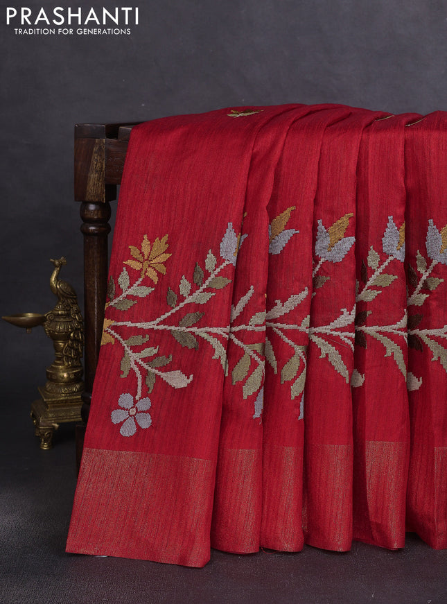 Matka tussar saree red with floral embroidery and zari woven border