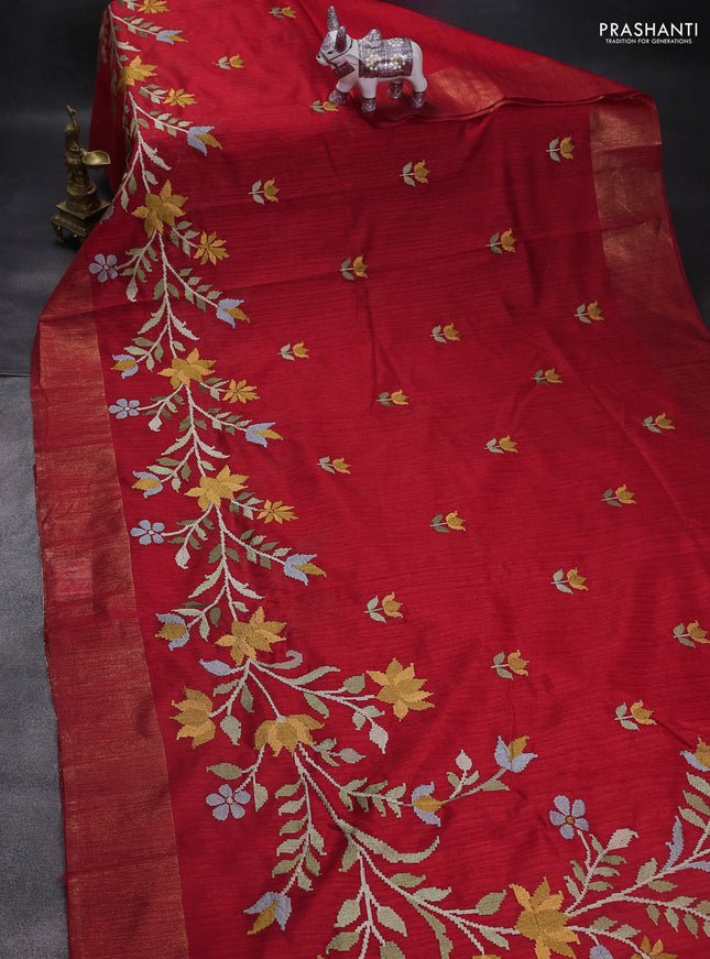 Matka tussar saree red with floral embroidery and zari woven border
