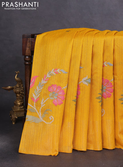 Matka tussar saree mustard yellow with floral embroidery and zari woven border