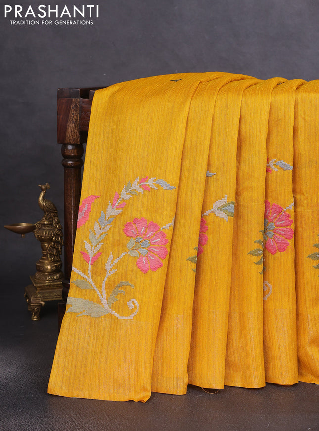 Matka tussar saree mustard yellow with floral embroidery and zari woven border