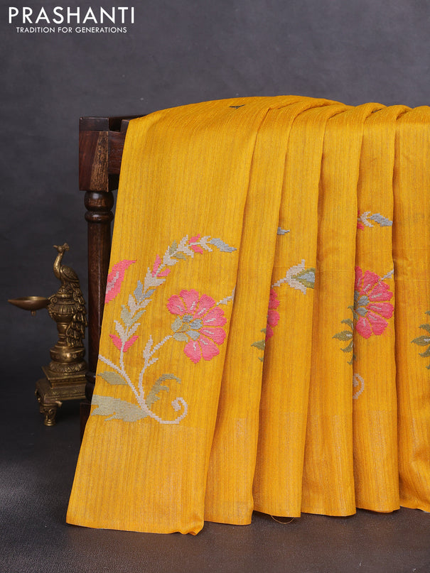 Matka tussar saree mustard yellow with floral embroidery and zari woven border
