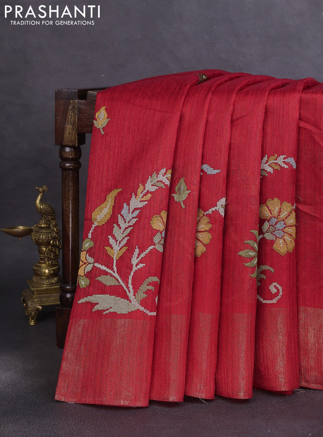 Matka tussar saree red with floral embroidery and zari woven border
