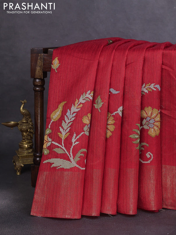 Matka tussar saree red with floral embroidery and zari woven border