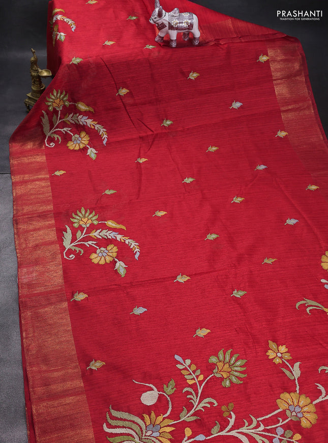 Matka tussar saree red with floral embroidery and zari woven border
