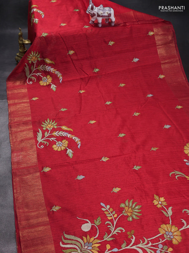 Matka tussar saree red with floral embroidery and zari woven border