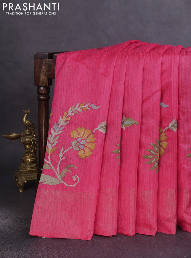 Matka tussar saree pink with floral embroidery and zari woven border