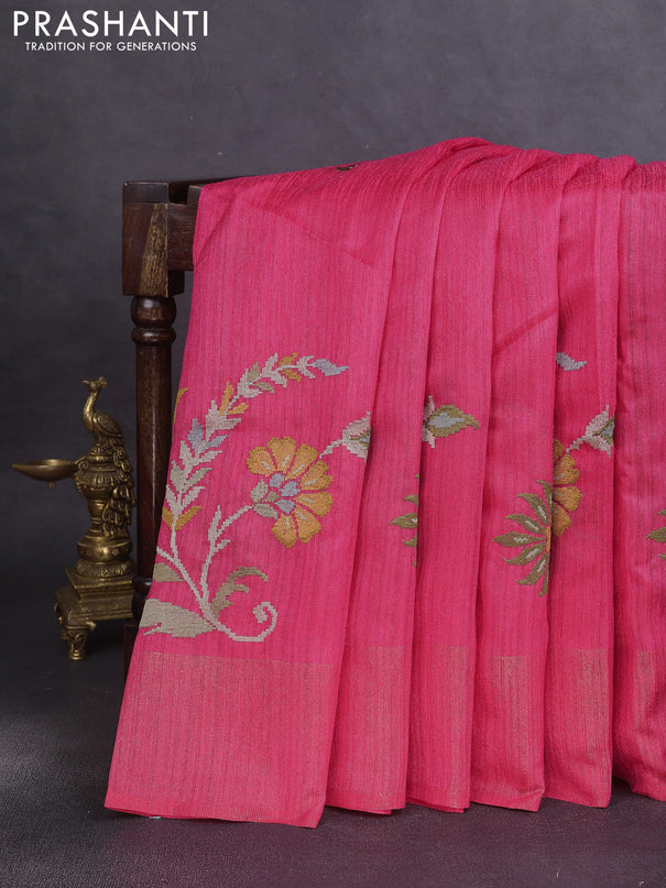 Matka tussar saree pink with floral embroidery and zari woven border