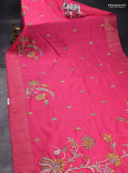 Matka tussar saree pink with floral embroidery and zari woven border
