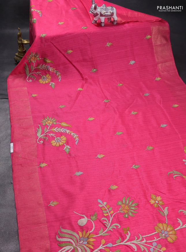 Matka tussar saree pink with floral embroidery and zari woven border