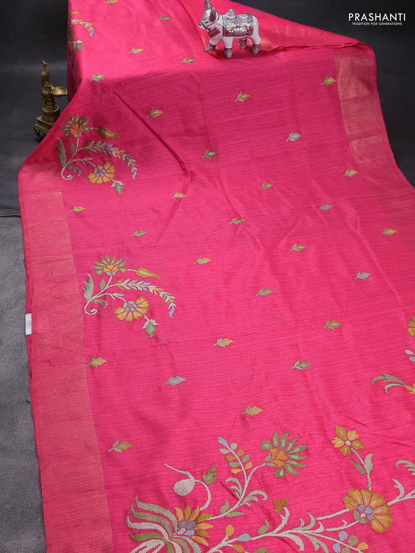 Matka tussar saree pink with floral embroidery and zari woven border