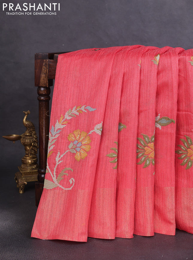 Matka tussar saree peach pink with floral embroidery and zari woven border