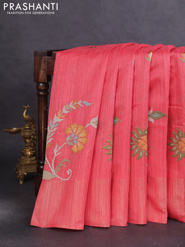 Matka tussar saree peach pink with floral embroidery and zari woven border