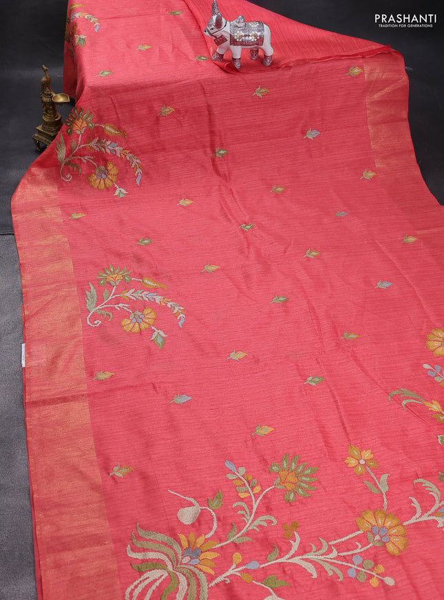 Matka tussar saree peach pink with floral embroidery and zari woven border