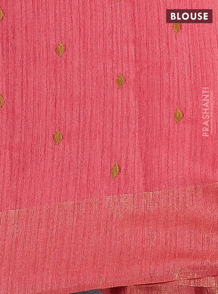 Matka tussar saree peach pink with floral embroidery and zari woven border