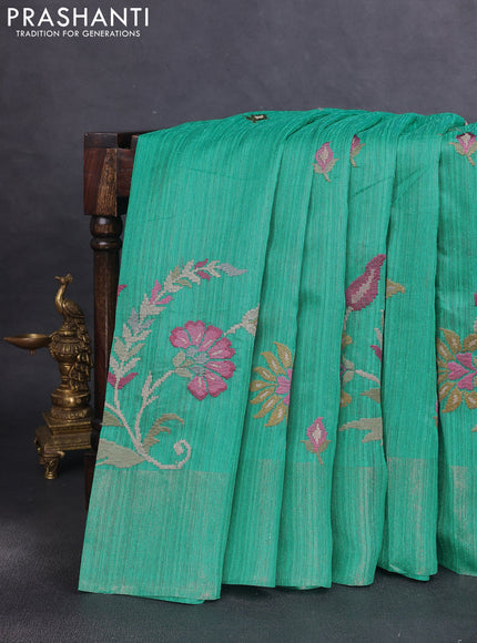 Matka tussar saree teal green with floral embroidery and zari woven border