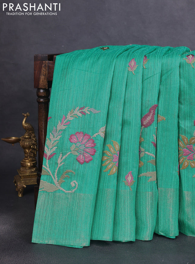 Matka tussar saree teal green with floral embroidery and zari woven border