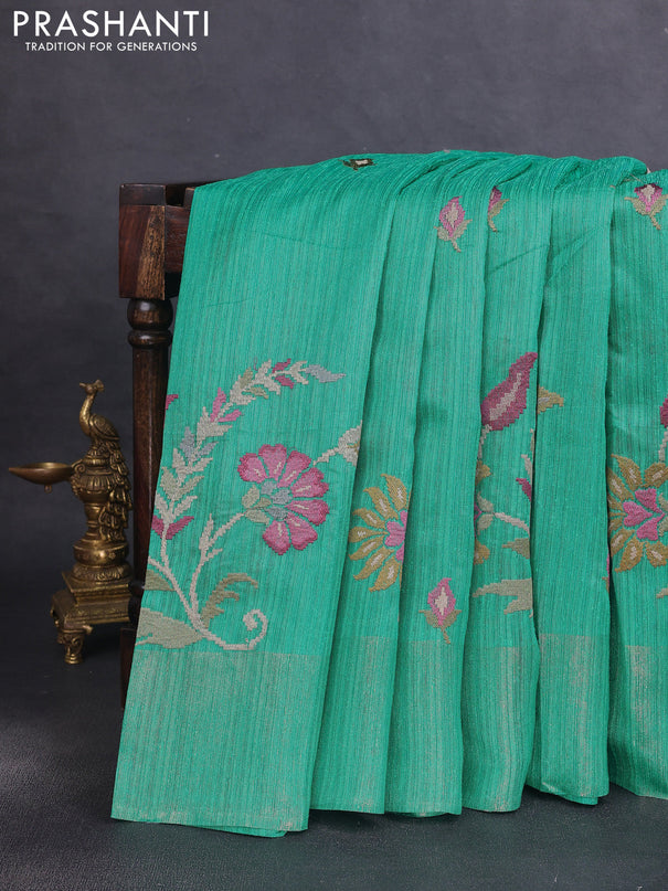 Matka tussar saree teal green with floral embroidery and zari woven border