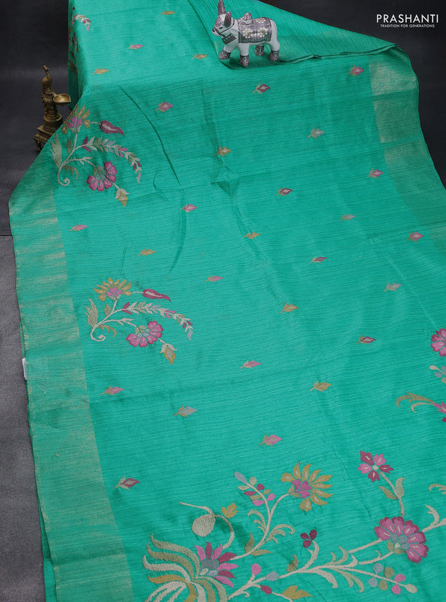 Matka tussar saree teal green with floral embroidery and zari woven border