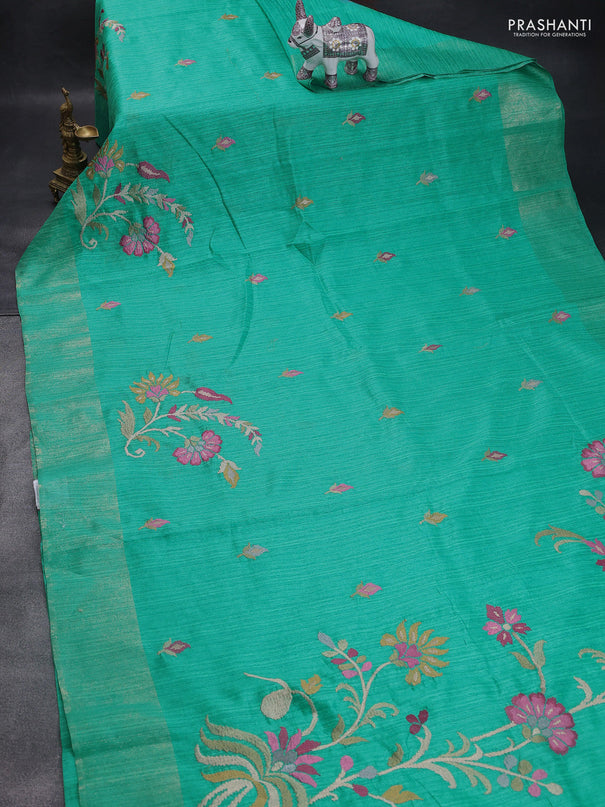 Matka tussar saree teal green with floral embroidery and zari woven border