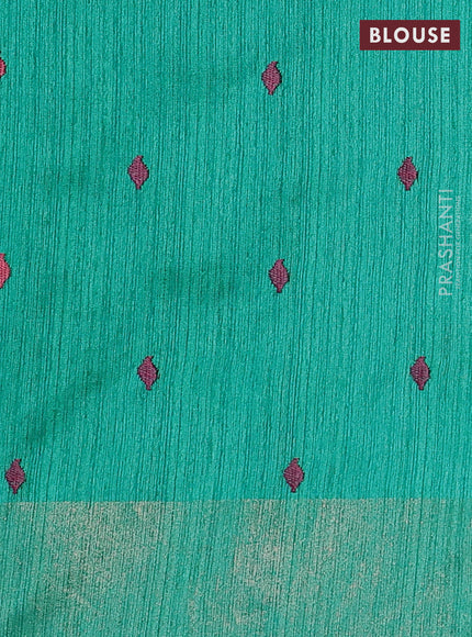 Matka tussar saree teal green with floral embroidery and zari woven border