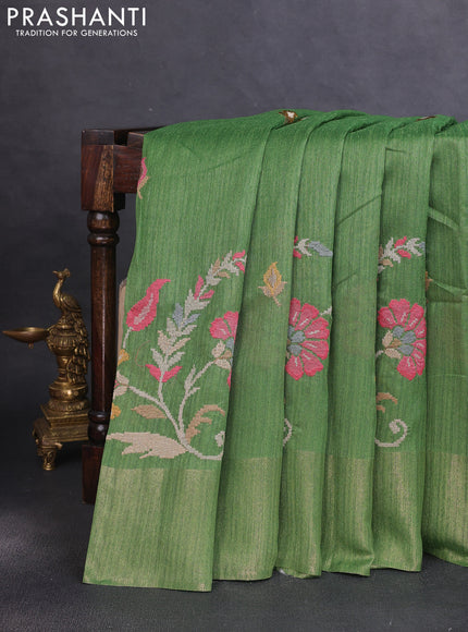 Matka tussar saree green with floral embroidery and zari woven border