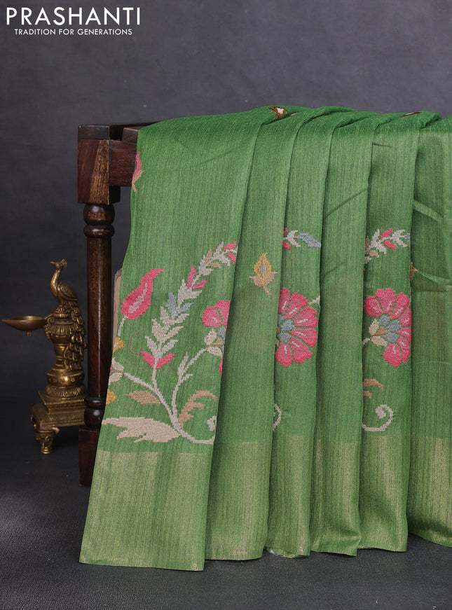 Matka tussar saree green with floral embroidery and zari woven border