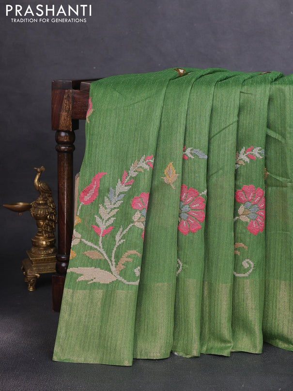 Matka tussar saree green with floral embroidery and zari woven border