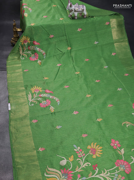 Matka tussar saree green with floral embroidery and zari woven border