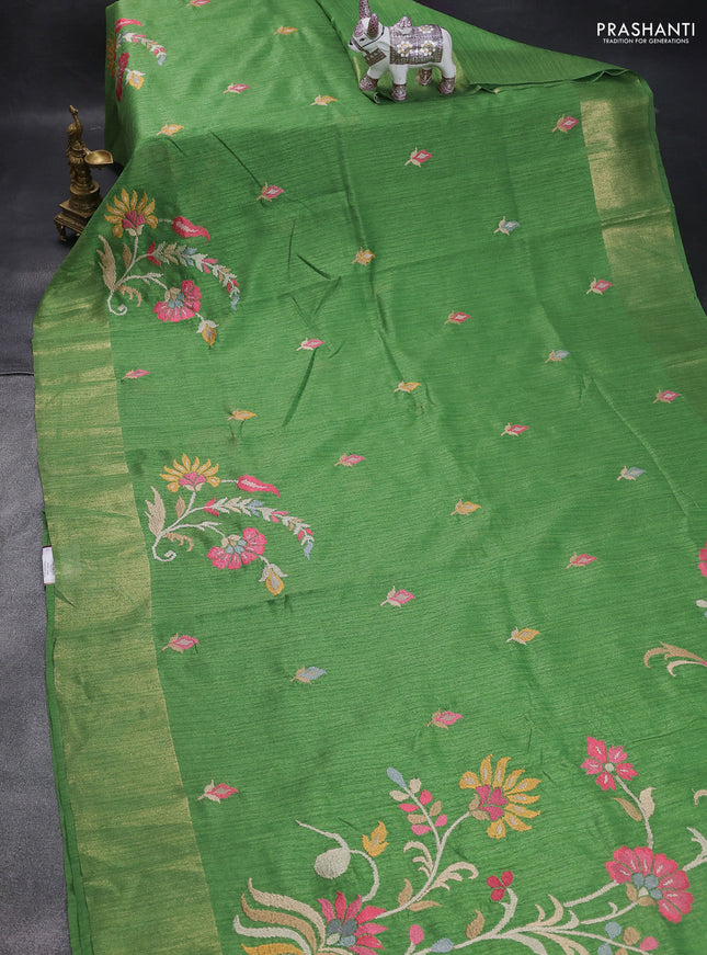 Matka tussar saree green with floral embroidery and zari woven border