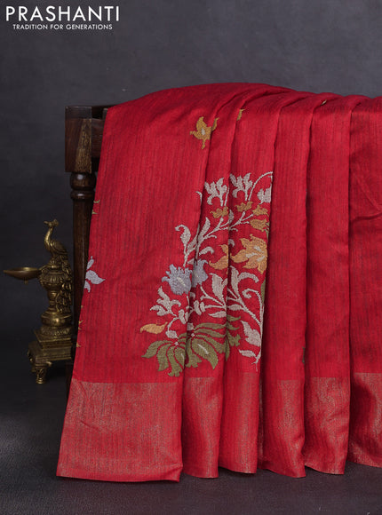 Matka tussar saree red with floral embroidery and zari woven border