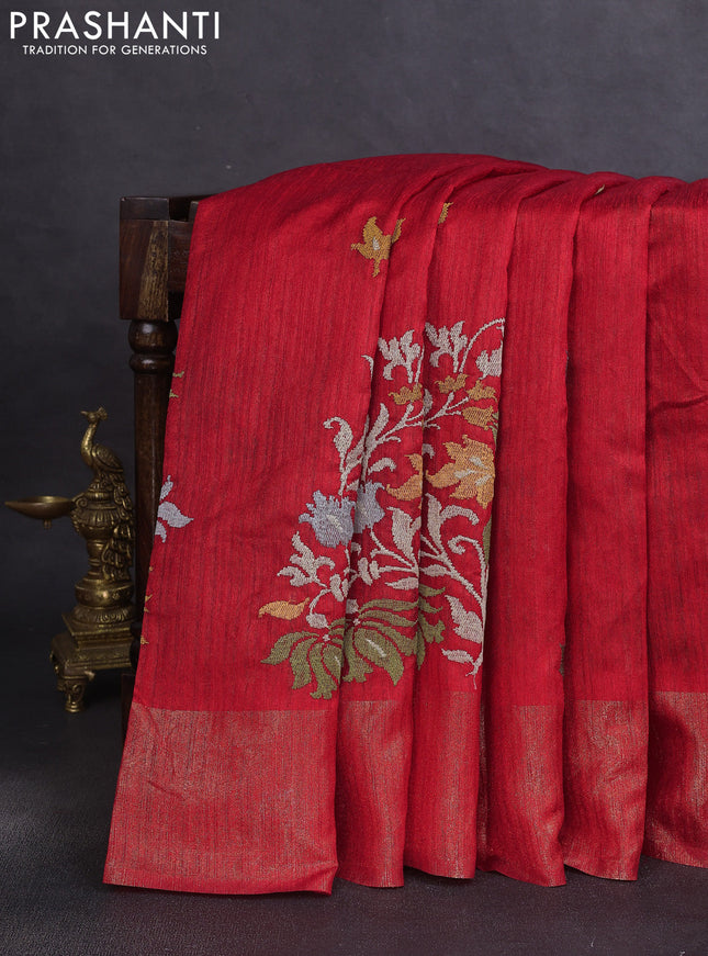 Matka tussar saree red with floral embroidery and zari woven border