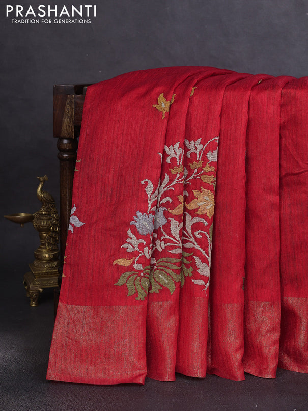 Matka tussar saree red with floral embroidery and zari woven border