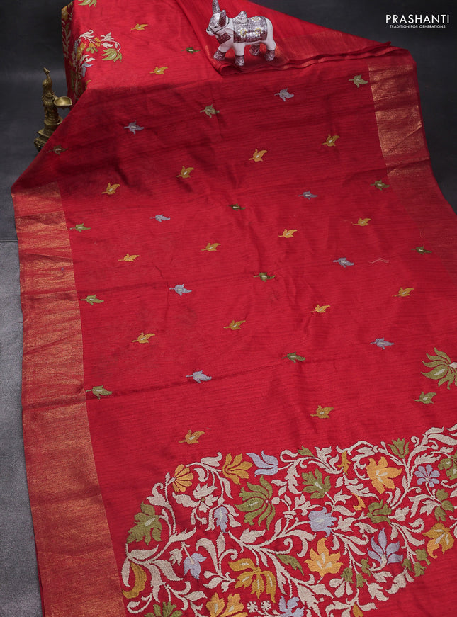 Matka tussar saree red with floral embroidery and zari woven border