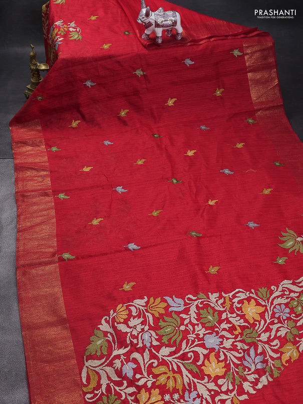 Matka tussar saree red with floral embroidery and zari woven border