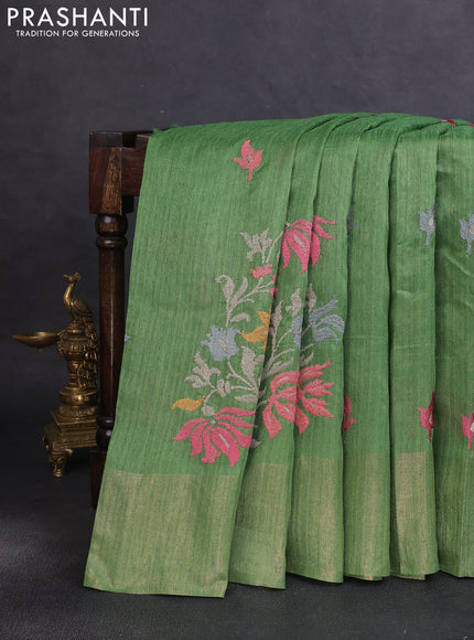 Matka tussar saree light green with floral embroidery and zari woven border