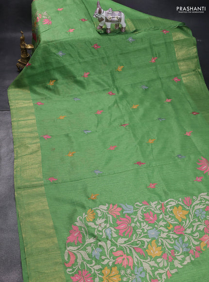 Matka tussar saree light green with floral embroidery and zari woven border