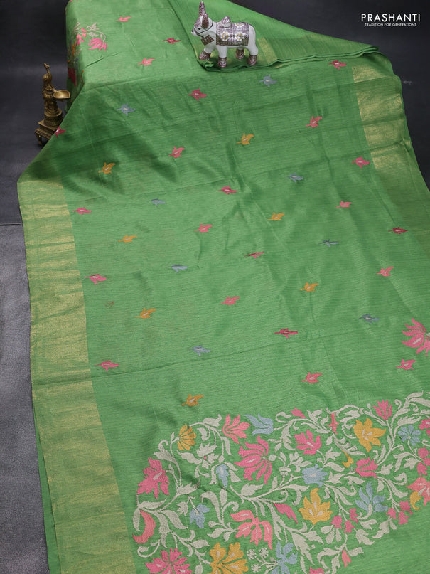 Matka tussar saree light green with floral embroidery and zari woven border
