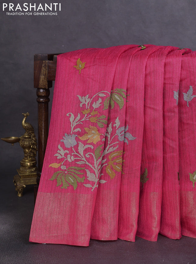 Matka tussar saree pink with floral embroidery and zari woven border