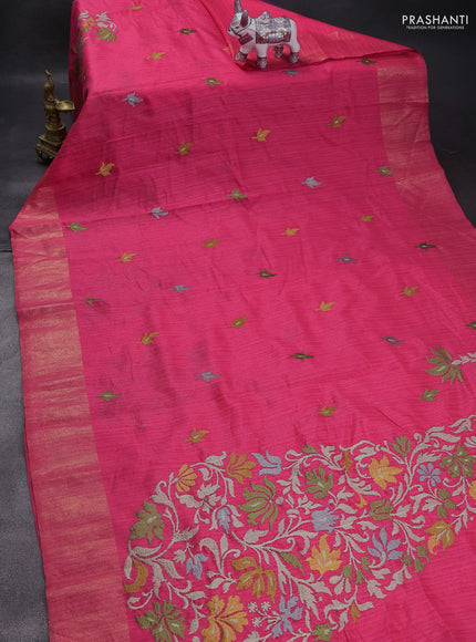 Matka tussar saree pink with floral embroidery and zari woven border