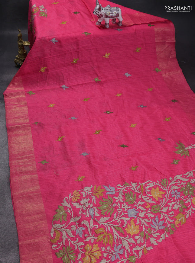Matka tussar saree pink with floral embroidery and zari woven border